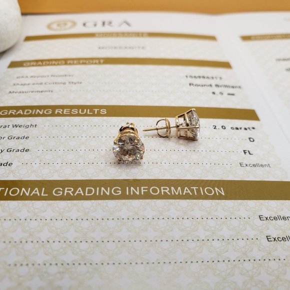 14K Solid Yellow Gold 4 Carats Moissanite Diamond Stud Earrings D-FL - Picture 3 of 5